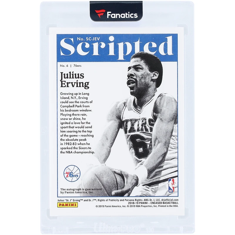 Julius Erving Philadelphia 76ers Autographed 2018-19 Panini Encased Scripted Sigs #SC-JEV #9/15 Card