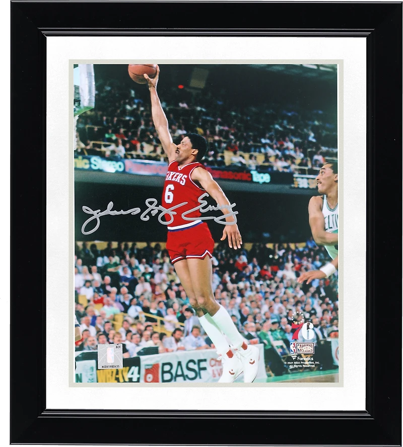 Julius Erving Philadelphia 76ers Autographed 8'' x 10'' Dunk in Red Jersey vs. Boston Celtics Photograph