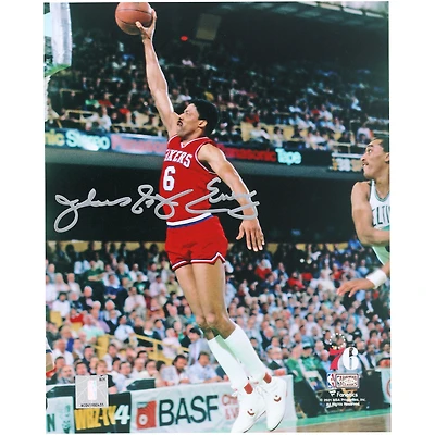 Julius Erving Philadelphia 76ers Autographed 8'' x 10'' Dunk in Red Jersey vs. Boston Celtics Photograph