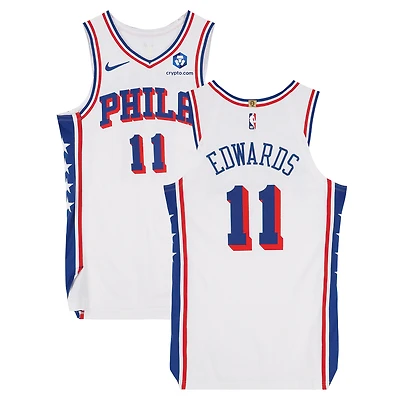 Maillot blanc Nike porté par Justin Edwards (Philadelphia 76ers) lors du match n° 11 contre les Boston Celtics le avril 2026