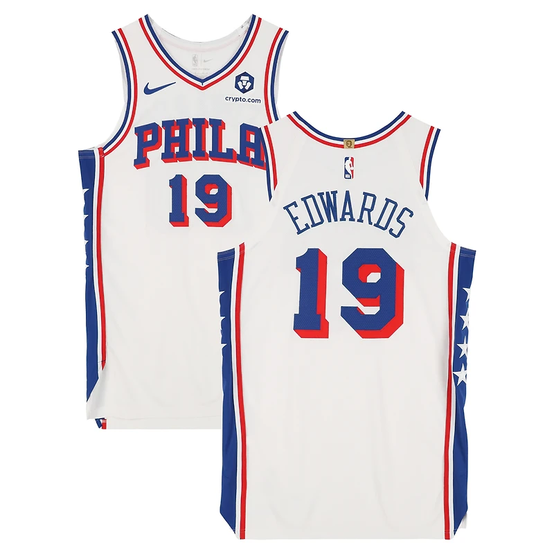 Maillot Nike blanc n° 19 de Justin Edwards, porté par le joueur des Philadelphia 76ers lors de la saison NBA 2024-2025 - Taille 48+4