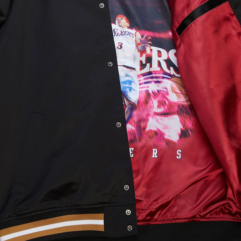 Veste en satin noire Allen Iverson de Mitchell & Ness pour homme, légendes la NBA des Philadelphia 76ers, avec boutons-pression