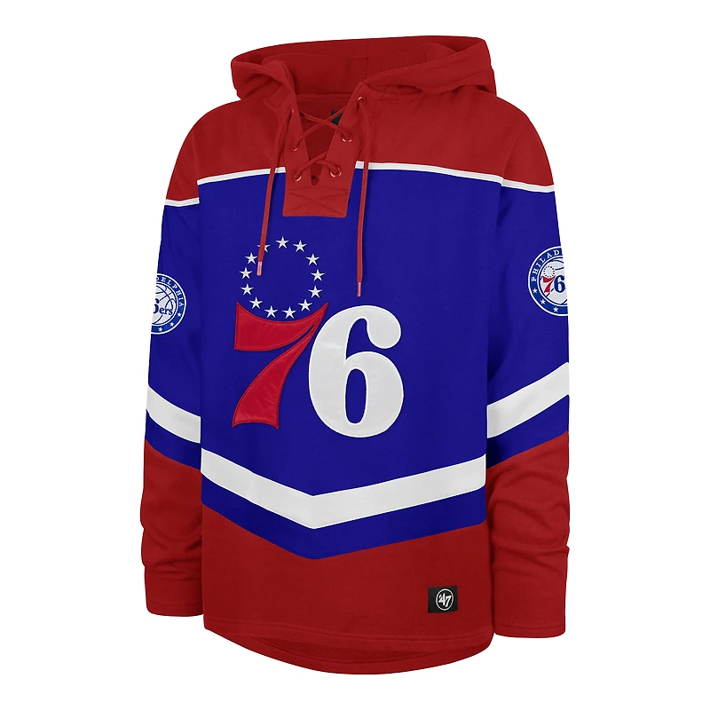 Men's '47 Royal Philadelphia 76ers Oversized Tri-Satin Layup Lacer Pullover Hoodie