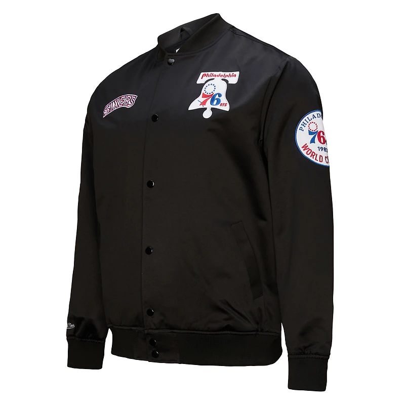 Men's Black Philadelphia 76ers Hardwood Classics Blackout Collection Satin Full-Zip Jacket
