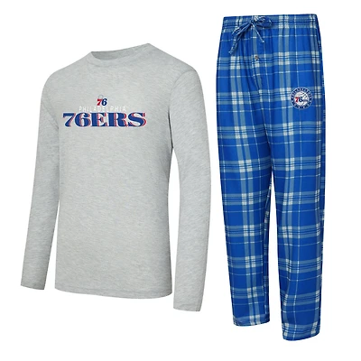 Ensemble t-shirt à manches longues et pantalon carreaux pour homme Concepts Sport Royal/Heather Gray des Philadelphia 76ers