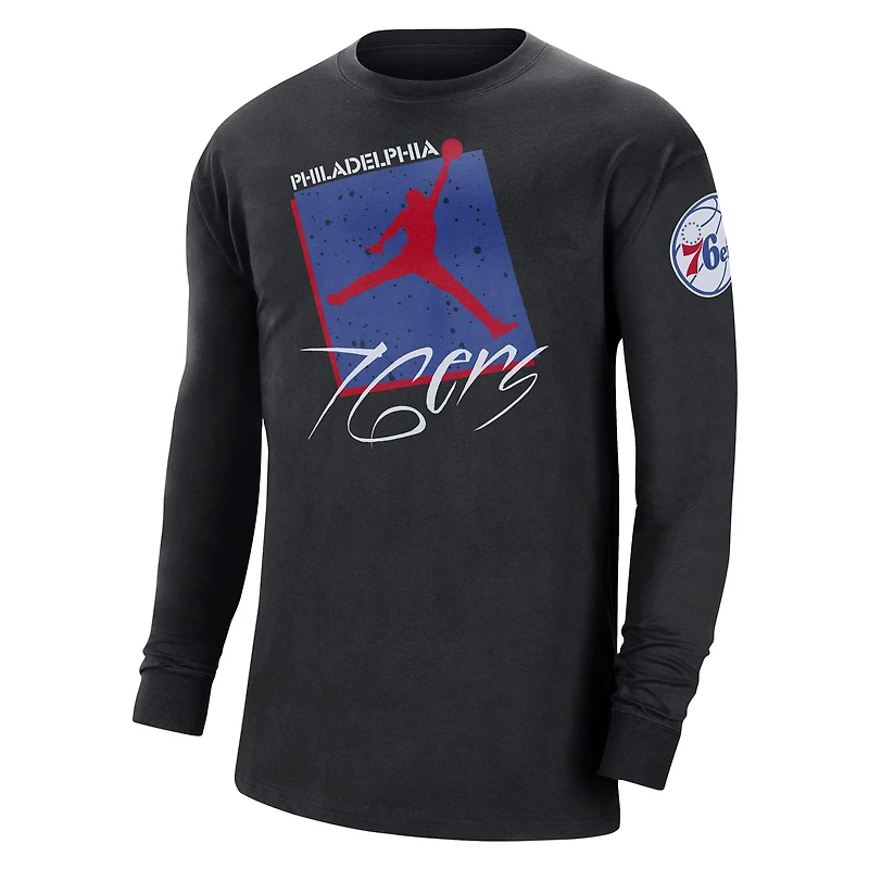 Men's Jordan Brand Black Philadelphia 76ers Courtside Max 90 Vintage Wash Statement Edition Long Sleeve T-Shirt