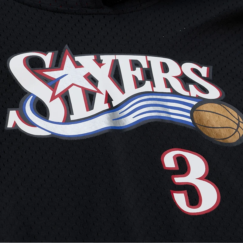 Sweat à capuche Mitchell & Ness Allen Iverson noir Philadelphia 76ers manches courtes en maille, nom et numéro, pour homme