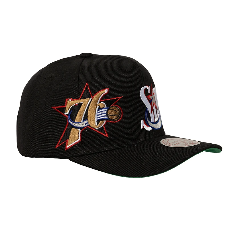 Casquette ajustable Mitchell & Ness noire pour homme avec logo des Philadelphia 76ers et inscription Busted Logo Pro Pinch