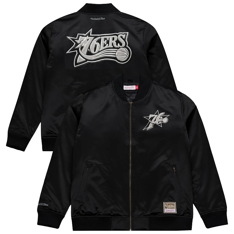 Veste bomber zippée Mitchell & Ness noire pour homme, Philadelphia 76ers, en satin chromé