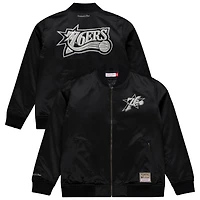 Veste bomber zippée Mitchell & Ness noire pour homme, Philadelphia 76ers, en satin chromé