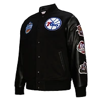 Men's Mitchell & Ness  Black Philadelphia 76ers Hardwood Classics Blackout Collection Full-Snap Varsity Jacket