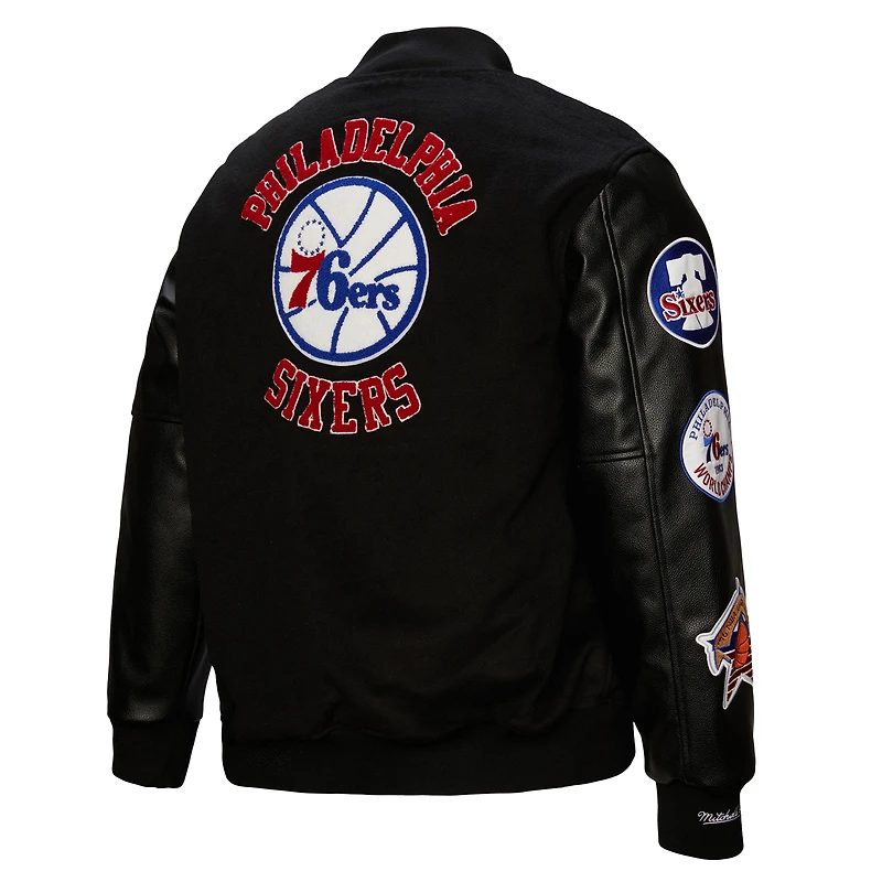 Men's Mitchell & Ness  Black Philadelphia 76ers Hardwood Classics Blackout Collection Full-Snap Varsity Jacket