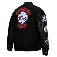 Men's Mitchell & Ness  Black Philadelphia 76ers Hardwood Classics Blackout Collection Full-Snap Varsity Jacket