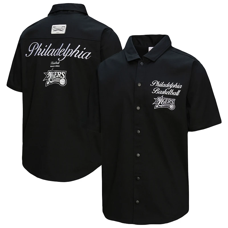 Men's Mitchell & Ness Black Philadelphia 76ers Hardwood Classics Camp Shirt