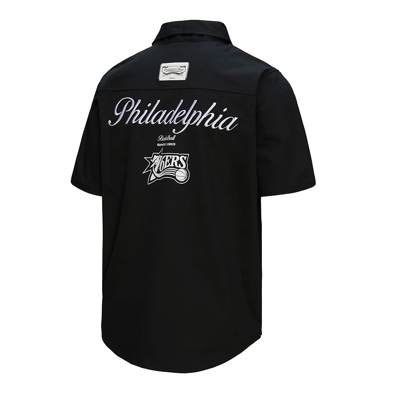 Men's Mitchell & Ness Black Philadelphia 76ers Hardwood Classics Camp Shirt