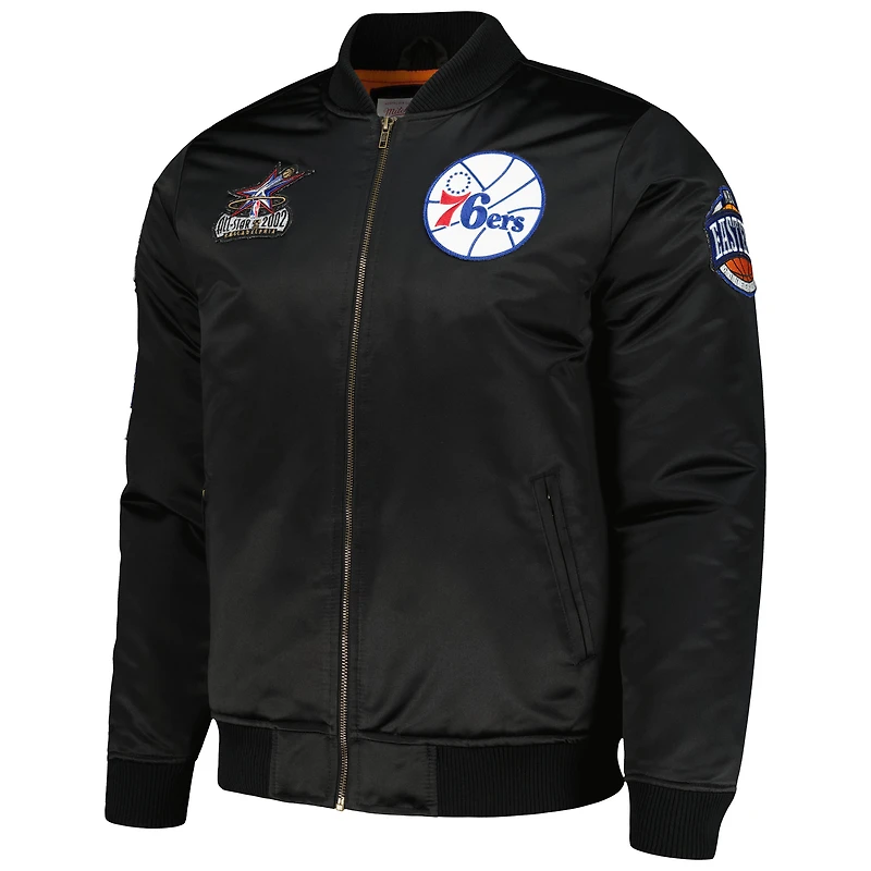 Veste noire à fermeture éclair intégrale en satin rétro Mitchell & Ness Philadelphia 76ers Hardwood Classics pour hommes
