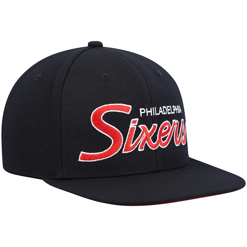 Men's Mitchell & Ness Black Philadelphia 76ers Hardwood Classics Script 2.0 Snapback Hat