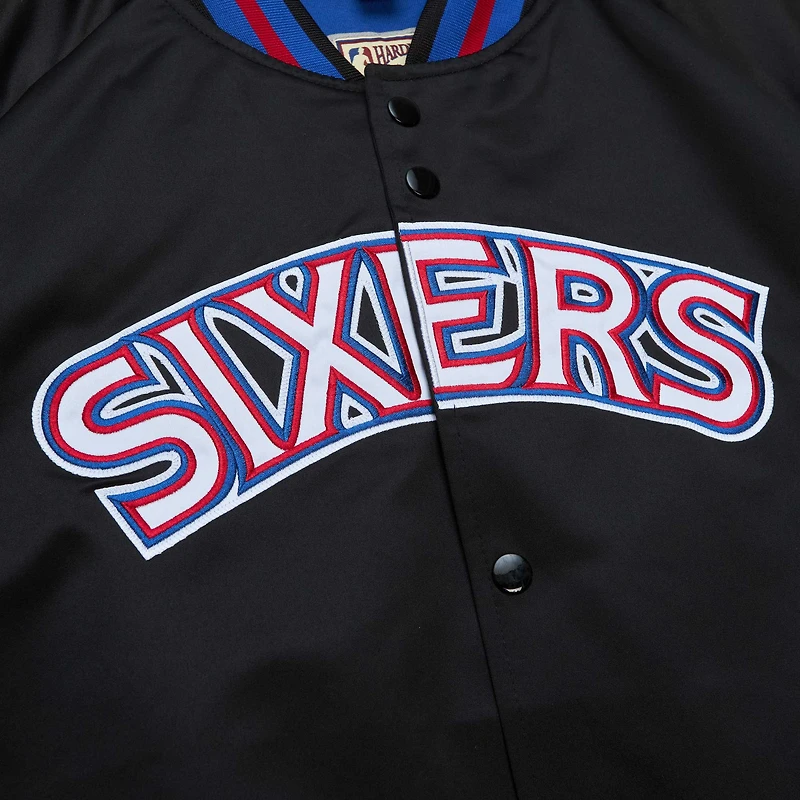 Veste noire Mitchell & Ness Philadelphia 76ers Hardwood Classics Throwback Wordmark Raglan Full Snap pour hommes