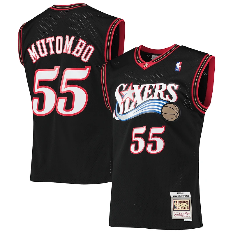 Maillot Swingman Mitchell & Ness Dikembe Mutombo pour hommes, noir, Philadelphia 76ers, Hardwood Classics
