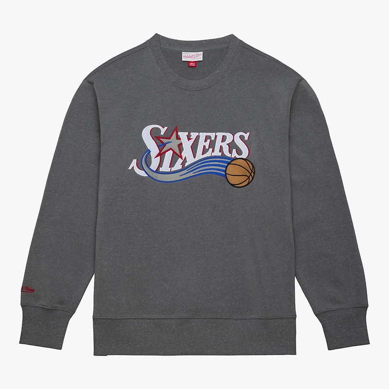 Men's Mitchell & Ness  Heather Gray Philadelphia 76ers Snow Washed Fleece Crewneck