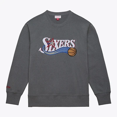 Men's Mitchell & Ness  Heather Gray Philadelphia 76ers Snow Washed Fleece Crewneck