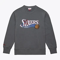 Men's Mitchell & Ness  Heather Gray Philadelphia 76ers Snow Washed Fleece Crewneck