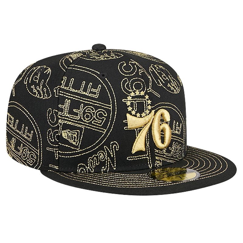 Casquette ajustée au pochoir à imprimé intégral New Era pour hommes des Philadelphia 76ers 59FIFTY Day Allover noire