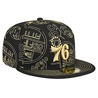 Casquette ajustée au pochoir à imprimé intégral New Era pour hommes des Philadelphia 76ers 59FIFTY Day Allover noire