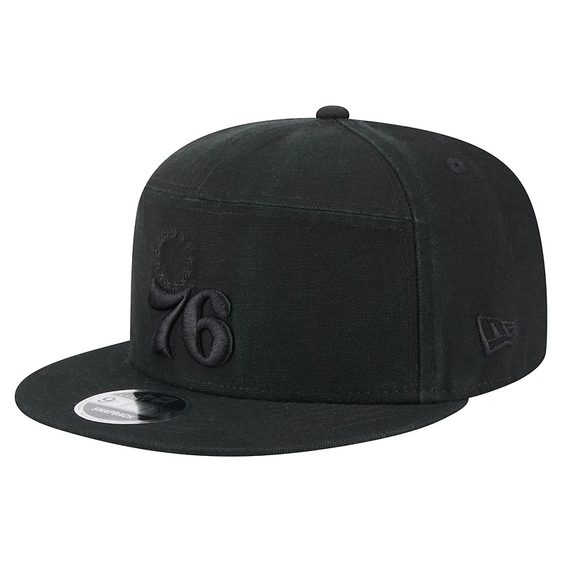 Casquette New Era noire à panneau fendu en toile Philadelphia 76ers Adventure 9FIFTY Snapback pour homme