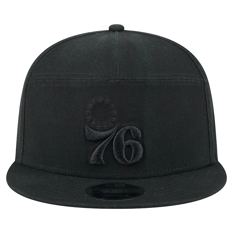 Casquette New Era noire à panneau fendu en toile Philadelphia 76ers Adventure 9FIFTY Snapback pour homme