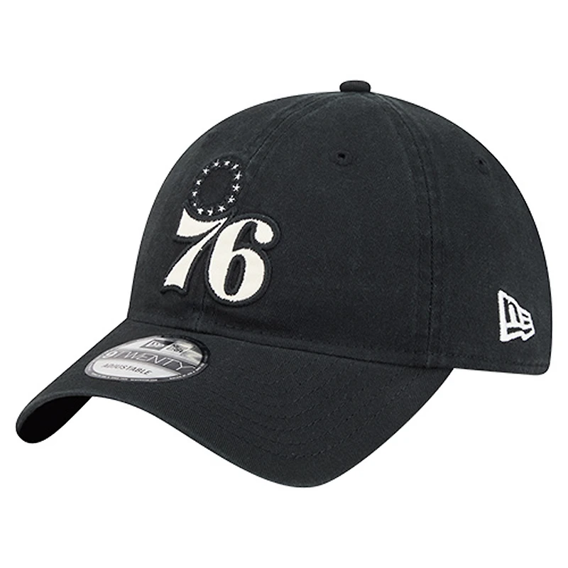 Men's New Era Black Philadelphia 76ers Stamp Fabric Applique 9TWENTY Adjustable Hat