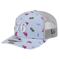 Casquette extensible à bouton-pression New Era bleu clair/gris pour homme, motif Adventure Aloha 9SEVENTY des Philadelphia 76ers