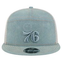Men's New Era Philadelphia 76ers Adventure Denim Split Panel 9FIFTY Snapback Trucker Hat