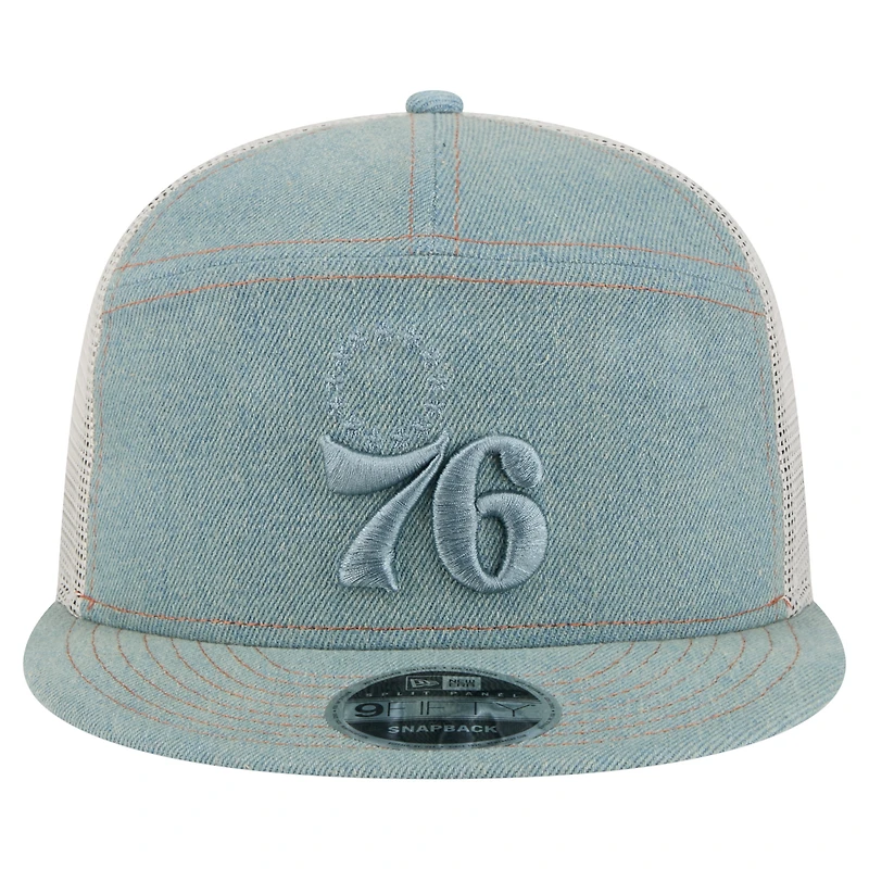 Men's New Era Philadelphia 76ers Adventure Denim Split Panel 9FIFTY Snapback Trucker Hat