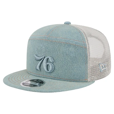 Casquette camionneur à snapback 9FIFTY Adventure Denim pour homme des Philadelphia 76ers de New Era