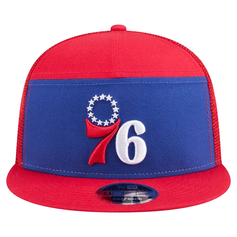 Casquette snapback 9FIFTY d'extérieur à panneau fendu New Era pour homme, bleu royal/rouge, des Philadelphia 76ers
