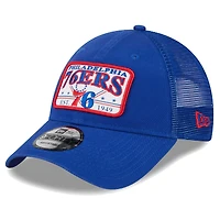 Men's New Era  Royal Philadelphia 76ers Plate Oversized Patch Trucker 9FORTY Adjustable Hat