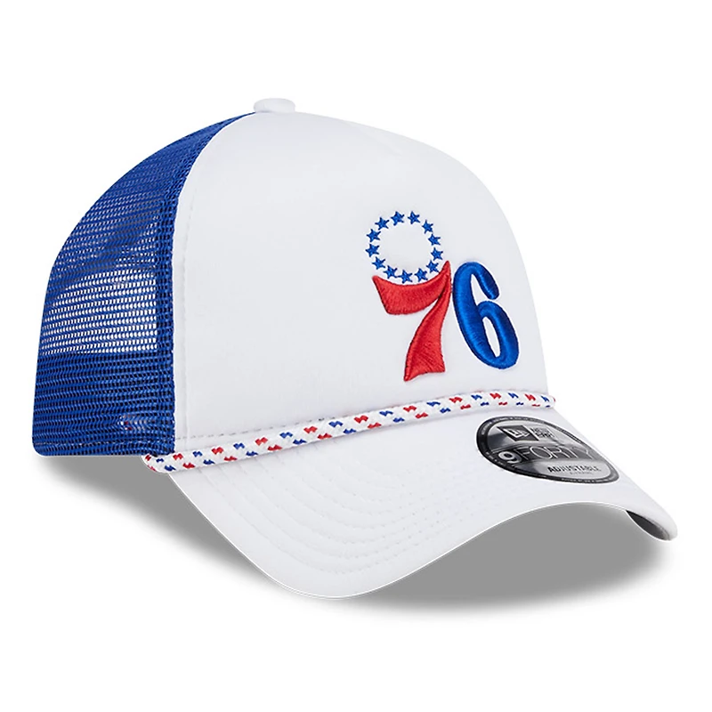 Men's New Era White/Royal Philadelphia 76ers Court Sport Foam A-Frame 9FORTY Adjustable Trucker Hat