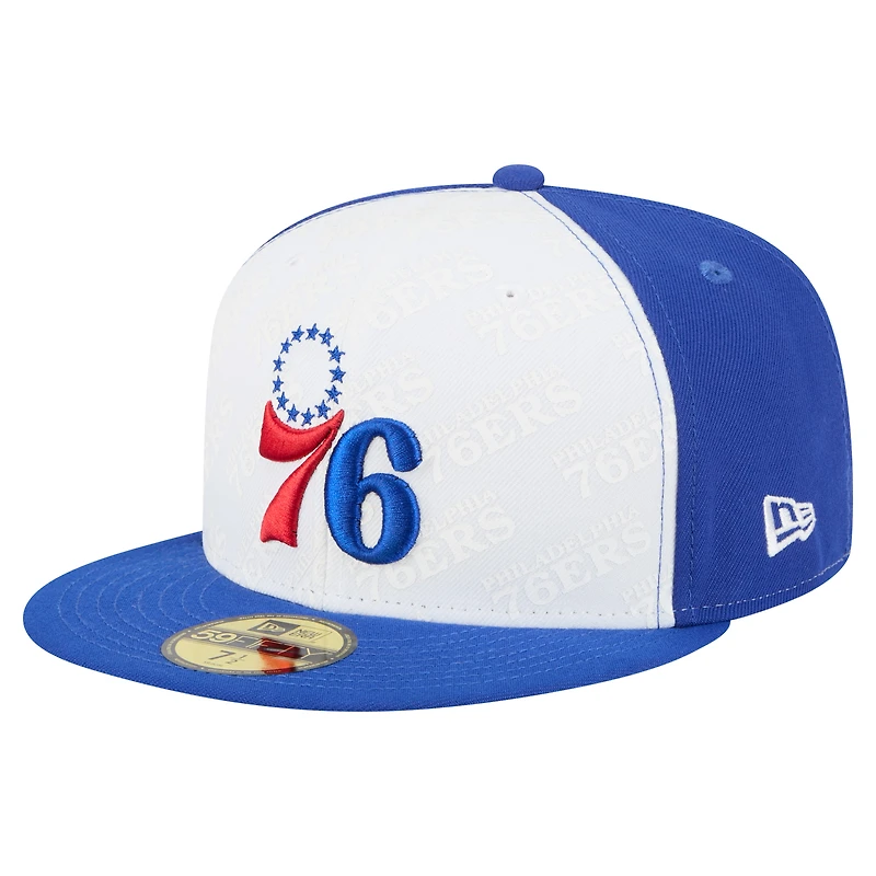 Casquette ajustée New Era 59Fifty blanche/bleu marine des Philadelphia 76ers pour homme