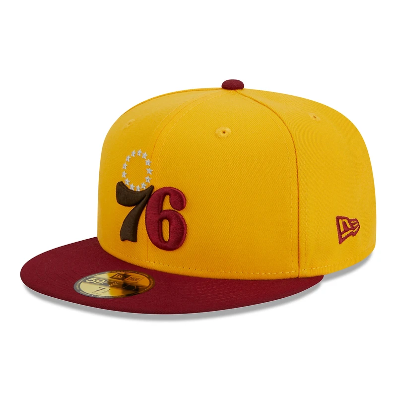 Men's New Era Yellow/Red Philadelphia 76ers Fall Leaves 2-Tone 59FIFTY Fitted Hat