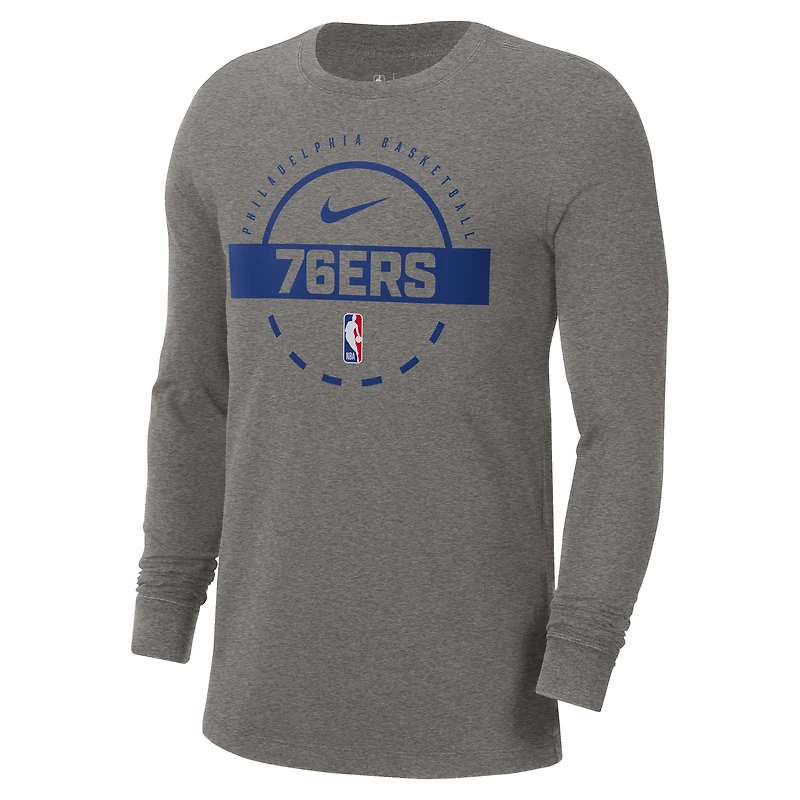 T-shirt d'entraînement à manches longues Nike authentique des Philadelphia 76ers pour homme, couleur charbon