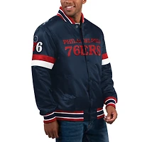 Men's Starter Navy Philadelphia 76ers Home Game Satin Full-Snap Varsity Jacket