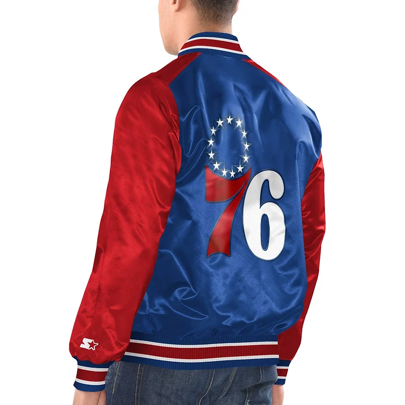 Veste universitaire à bouton-pression en satin Starter Royal/Rouge Philadelphia 76ers Renegade pour hommes
