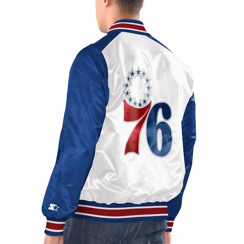 Veste universitaire à bouton-pression en satin Renegade des Philadelphia 76ers Starter blanc/royal pour hommes