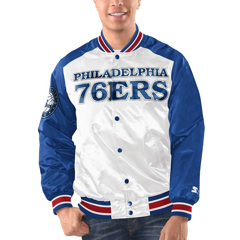 Veste universitaire à bouton-pression en satin Renegade des Philadelphia 76ers Starter blanc/royal pour hommes