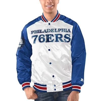Veste universitaire à bouton-pression en satin Renegade des Philadelphia 76ers Starter blanc/royal pour hommes