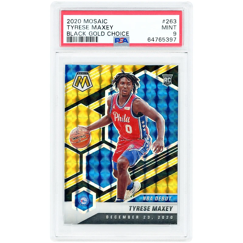 Carte recrue Tyrese Maxey Philadelphia 76ers 2020-21 Panini Mosaic Black Gold Choice Prizm n° 263, n° 7/8, authentifiée PSA 9