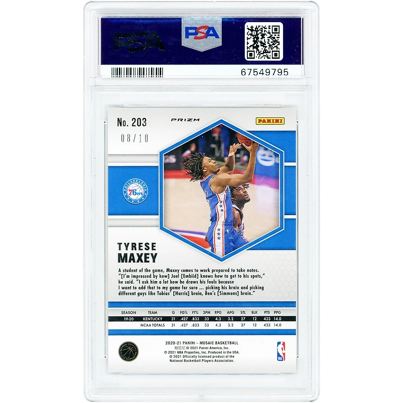 Carte recrue Tyrese Maxey Philadelphia 76ers 2020-21 Panini Mosaic Fast Break Gold Prizm n° 203, authentifiée PSA 9, niveau 8/10