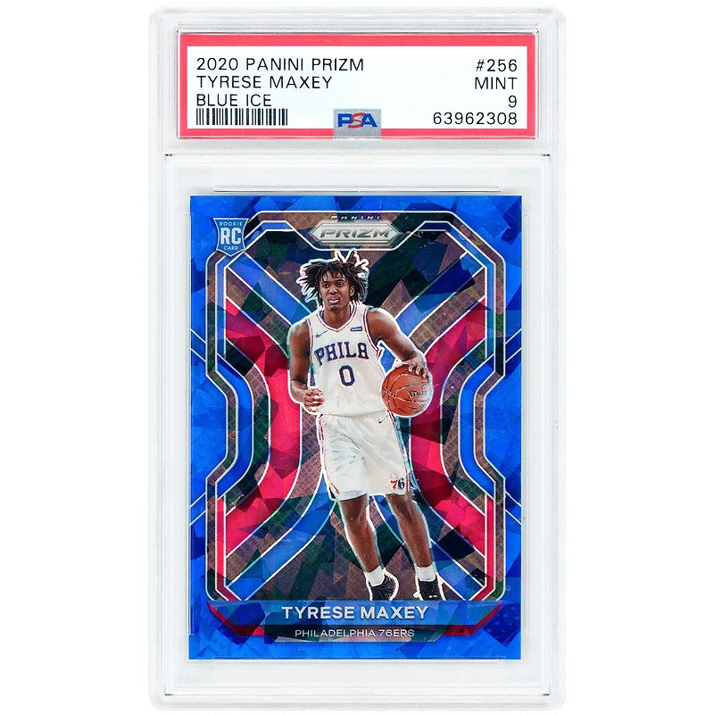 Carte recrue Tyrese Maxey Philadelphia 76ers 2020-21 Panini Prizm Blue Ice Prizm n° 256, n° 37/125, authentifiée PSA 9