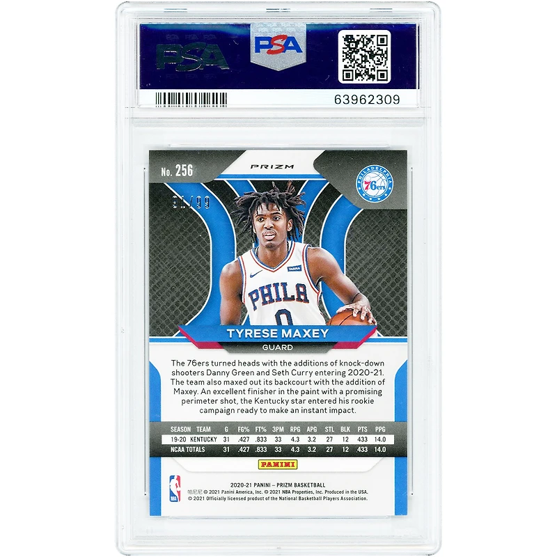 Carte recrue Tyrese Maxey Philadelphia 76ers 2020-21 Panini Prizm Purple Prizm n° 256, n° 91/99, authentifiée PSA 9